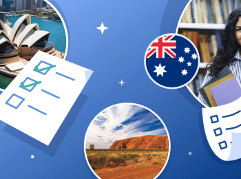 Spot illustrations of Australian landscapes, a female student holding books, checklists, and a flag of Australia.