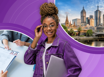 An international student in a purple hoodie holds a laptop and adjusts her glasses; behind her is a purple banner with two round photos of Sydney and someone handing over a passport and documents