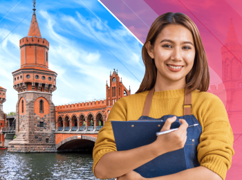 A young woman wearing a yellow sweater and blue denim apron holds a clipboard and pencil. She's standing in front of a photograph of a German castle and an illustrated red background.