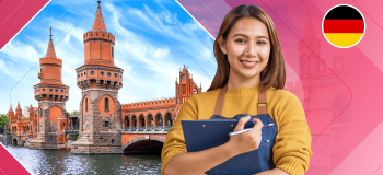 A young woman wearing a yellow sweater and blue denim apron holds a clipboard and pencil. She's standing in front of a photograph of a German castle and an illustrated red background.