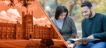 A photo of an Irish university and students studying outside.