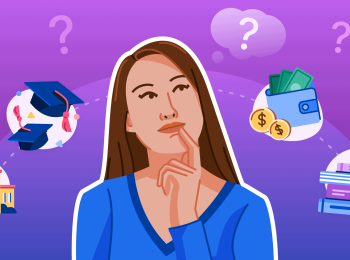 Illustration of female student in the centre thinking, with images of books, graduation caps, money, and schools around her.