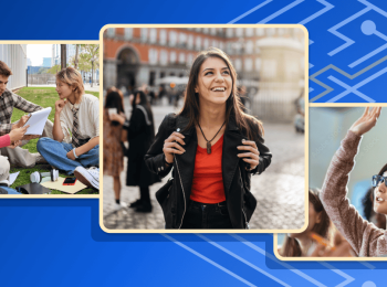Students sit together on campus, walk through a city landscape, and raise their hand in class in three photos stacked on an illustrated blue background.