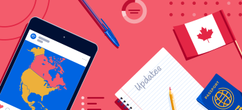AI Changes to Canadian Study Permit Approval Rate banner with a map of Canada on a phone, a pad of paper labelled "updates", a Canadian flag, a passport, and a pen