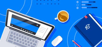 A laptop, a computer mouse, a daybook, a cup of coffee, and a pencil.