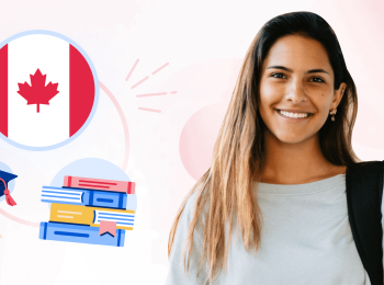 A smiling student, framed by a pink illustrated background and spot illustrations of books, a grad cap, and a Canadian flag.