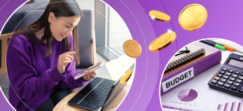 A picture of a student smiling at their smartphone, sitting in front of a laptop, next to a second image of a calculator and some budget sheets, with 3D illustrations of coins overtop of both