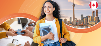A female international student holds her backpack and books. She is framed with images of documentation and the Toronto, Canada skyline featuring the CN Tower, a tall, needle-like building.