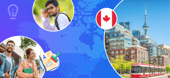 International students stand in green spaces. Opposite their photos is a streetscape of Toronto, with the CN Tower visible in the background.