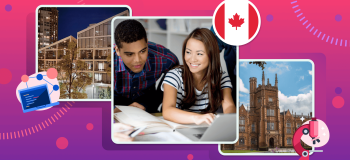Two university campus buildings frame a photo of university students studying. Illustrations of a Canadian flag, a red microscope, and a networked laptop accent the three photos.