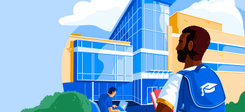 Illustration of man standing in front of school