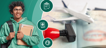 A green banner featuring a student wearing glasses and a green hoodie holding books, a stamped passport with a small plane on it, and illustrations of a checklist, passport, and globe