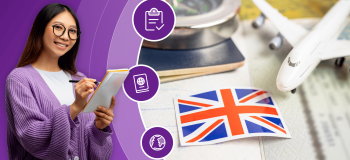 A collection of visa documents, a model airplane, and a flag of the United Kingdom sit on a desk, representing post-study visa paperwork.