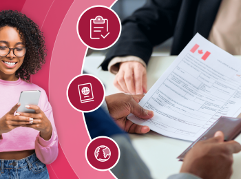 International students holding a phone next to another person being handed a Canadian visa application form