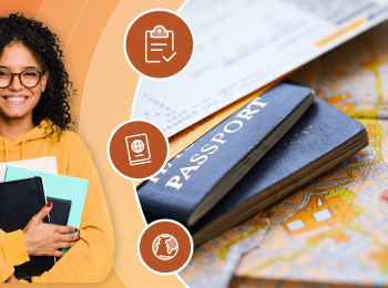 An international students holds some books to her chest and smiles, next to a different photo of a passport sitting on a city map with pins