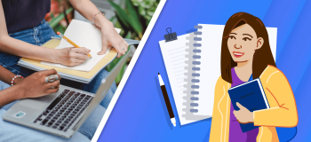 A photograph of a woman studying, and an illustration of a female student carrying a book