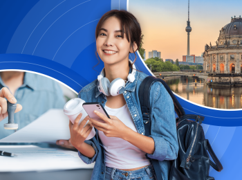 A female student wearing a jean jacket, headphones, and blue backpacks holds a coffee cup and cellphone in front of a blue background, with circular images of Berlin and a document being stamped