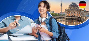 A female student wearing a jean jacket, headphones, and blue backpacks holds a coffee cup and cellphone in front of a blue background, with circular images of Berlin and a document being stamped