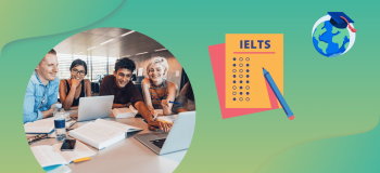 Students studying at a library table with open books, pens, and a laptop, representing IELTS practice tests.