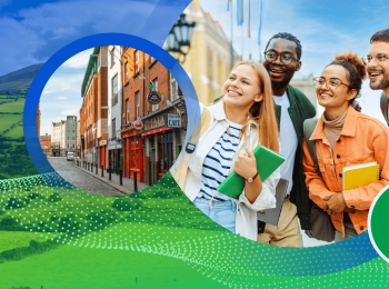 A photo of three international students who can work while studying in Ireland, shown in front of a photo of Ireland's rolling green hills.