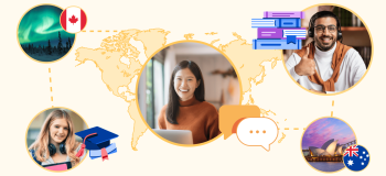 An illustration of three students, different country's landmarks, as well as books, flags, and school items.