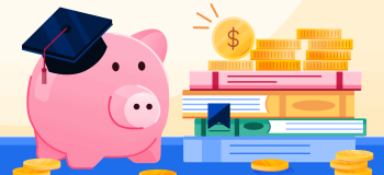 An illustration of a piggy bank with a grad cap on sitting beside a pile of books, representing the savings students can get by holding an ISIC card.