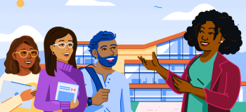 An illustration of three students listening to an instructor talking. In the background is a modern, glass school building and a blue sky.