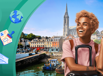 An illustration of a student holding a suitcase in front of a city in Ireland, with images of the Ireland flag, a stamped passport, airplane tickets, and a globe.