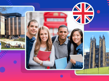 Photos of international students and famous UK academic landmarks, representing top-ranked UK universities for study abroad.