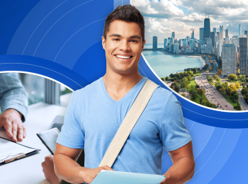 A smiling international student holds a laptop in front of a blue background, which also features circular pictures of a city and someone approving a visa application form