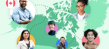 An illustration of Canada on a map with photos of people overlaid and scattered across the image.