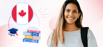 Combination of a photo and an illustration of a female student with a Canadian flag, grad cap, and books in the background.