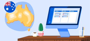 An illustration of a computer on a desk, with a cup of coffee, cactus, a pen holder, and in the top left corners there's an Australian flag overlaid on a globe.