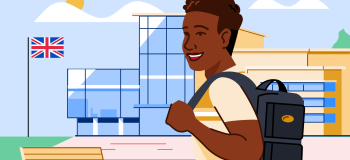 Illustration of a male student in front of a UK school.