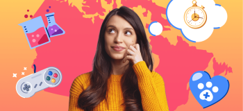 An illustration of a female student behind a map, with spot illustrations of programs.